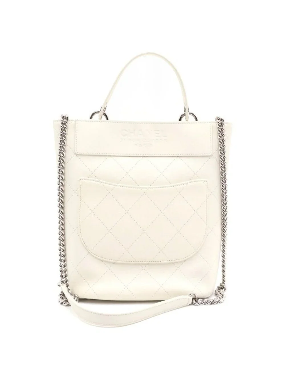 Chanel Quilted CC Logo Leather Bucket Bag 2-Way White 27
